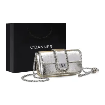 C°BANNER Cow Leather With Synthetic Leather Crossbody Small Square Bag, Chain Bag Regular Women's Silver/Black