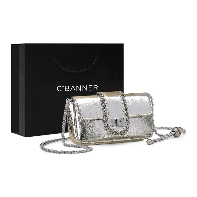 C°BANNER Cow Leather With Synthetic Leather Crossbody Small Square Bag, Chain Bag Regular Women's Silver/Black-0