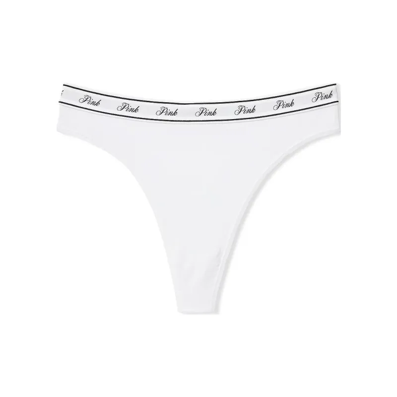 Victoria's Secret PINK LOGO COTTON HIGH-WAIST THONG PANTY / Underpants Women's 1 Pack Optical White-0