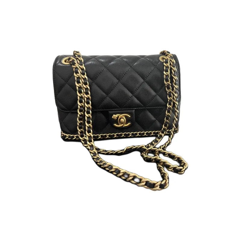 CHANEL Caviar Cow Leather Flap Bag, Tofu Bag, Crossbody Bag, Shoulder Bag Women's Black-1