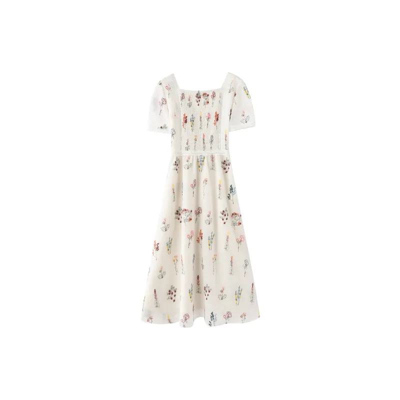Miss Chipmunk Short Sleeved Dress Women's White With Embroidery-1