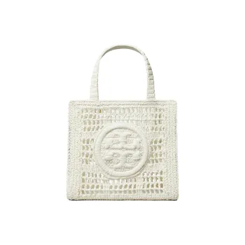 TORY BURCH Ella Raffia Paper Artificial Leather Trim Tote Bag, Shopping Bag, Handbag Mini Women's White