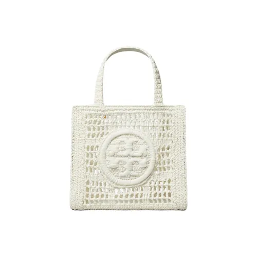 TORY BURCH Ella Raffia Paper Artificial Leather Trim Tote Bag, Shopping Bag, Handbag Mini Women's White