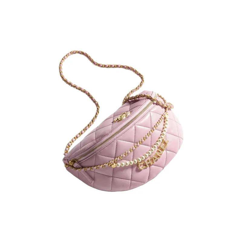 CHANEL Artificial Pearl Shiny Lambskin Fanny Pack Women's Light Pink-1