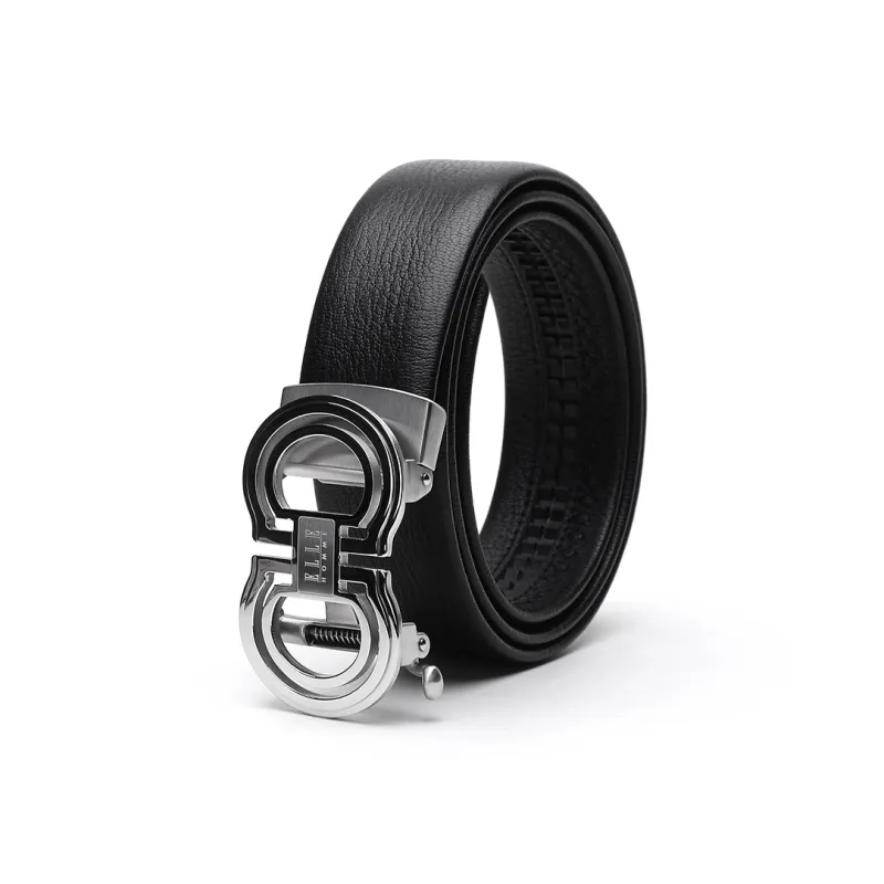 ELLE HOMME Automatic Buckle Belt For Men In Genuine Leather Top Grain Cow Leather Belt Men's Black Width 3.7cm-5
