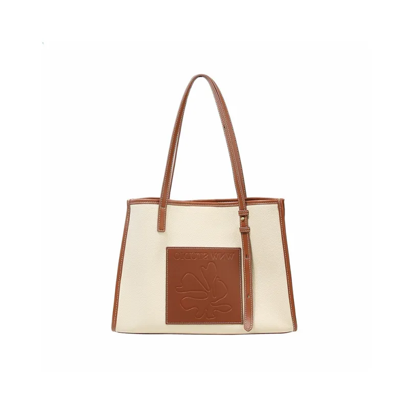 TTaG．baG Top Grain Cow Leather Shoulder Bag Women's Caramel & Ecru/Black & Beige White-0
