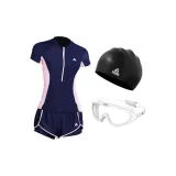 Blue Swimsuit+Black Swimming Cap+White Swim Goggles