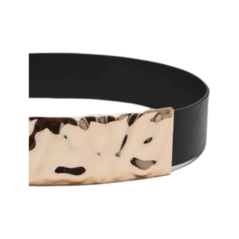Other Stories Sculptural Gold Rectangular Smooth Buckle Cow Leather Leather Belts Women's Black Width 6CM-2