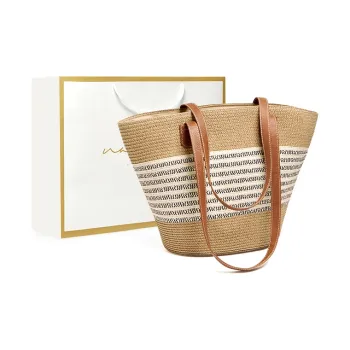 Narandu Fabric, Synthetic Leather Tote Bag, Handbag, Shoulder Bag, Woven Bag Large Size Women's Khaki