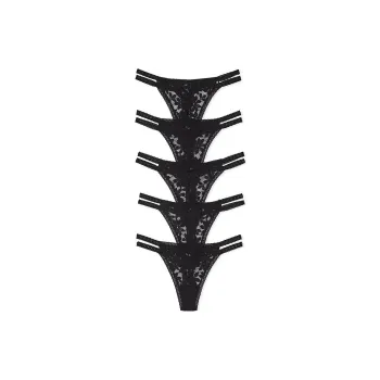 Victoria's Secret PINK 5-PACK LACE STRAPPY THONG PANTIES / Black Underpants Women's 5 Pack Black