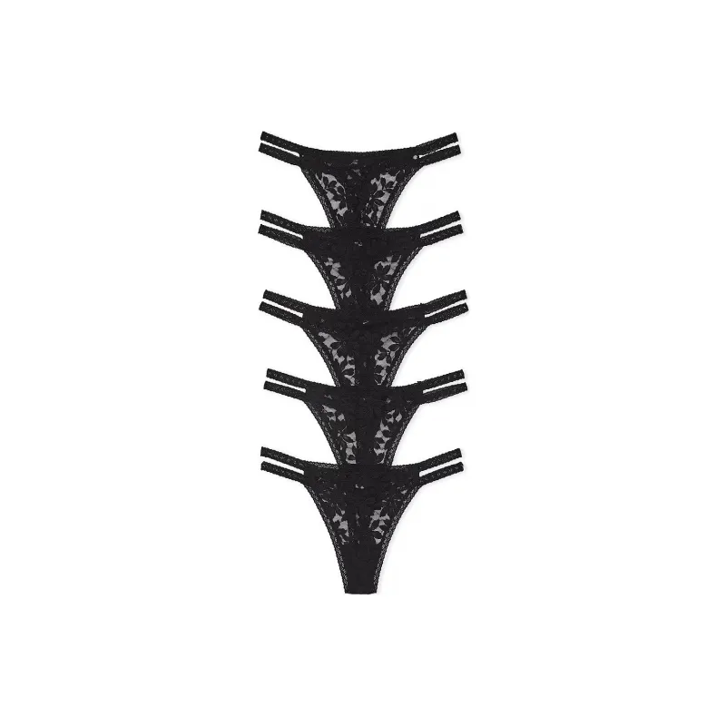 Victoria's Secret PINK 5-PACK LACE STRAPPY THONG PANTIES / Black Underpants Women's 5 Pack Black-0