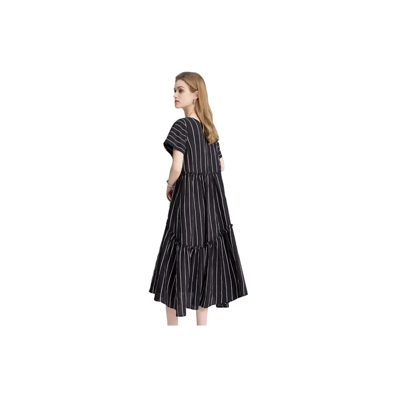 TOUCH Short Sleeved Dresses Women's Black Base With White Stripes-1