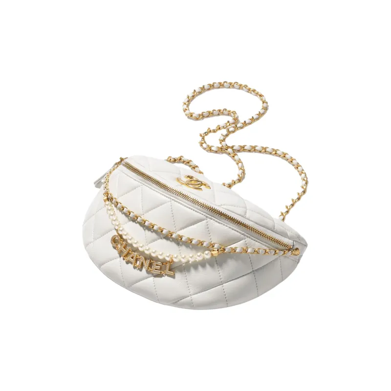 CHANEL Artificial Pearl Shiny Lambskin Fanny Pack Women's White-1