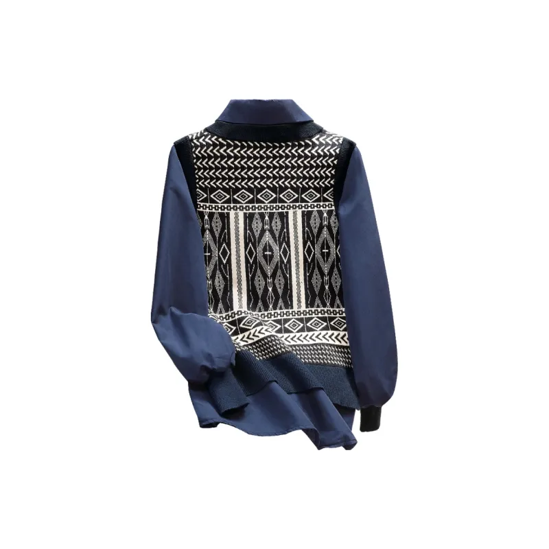 Cypress House Shirt Women's Navy Blue & Beige Pattern-1