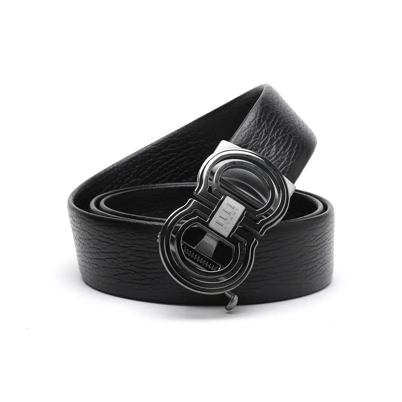 ELLE HOMME Automatic Buckle Belt For Men In Genuine Leather Top Grain Cow Leather Belt Men's Black Width 3.7cm-0