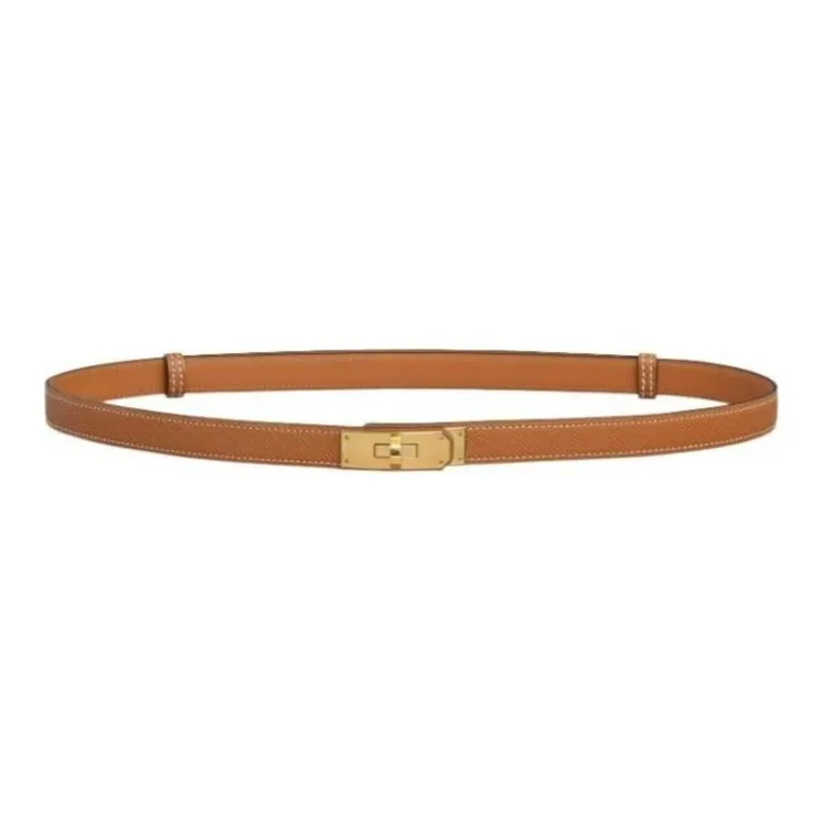 HERMES Kelly Solid Color Design 18K Rose Gold Leather Belts Women's Gold Brown-0