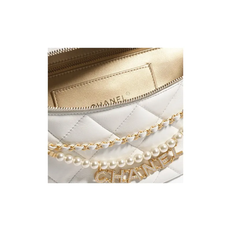 CHANEL Artificial Pearl Shiny Lambskin Fanny Pack Women's White-3