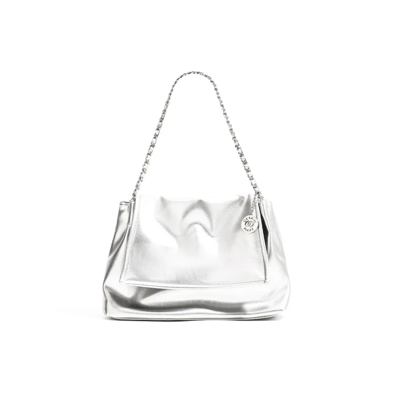 TTaG．baG Microfiber Leather Shoulder Bag Handbag Women's Silver/Ecru/Black-0