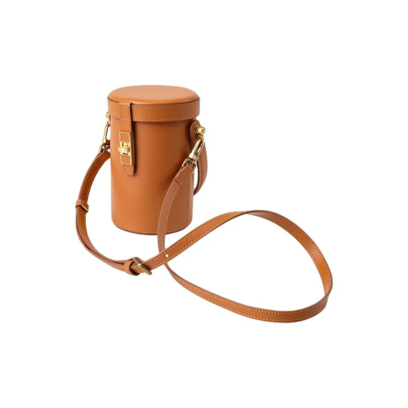 HONGU Cow Leather Cylinder Bag, Shoulder Bag, Crossbody Bag, Handbag Trumpets Women's Brown/Ecru-2