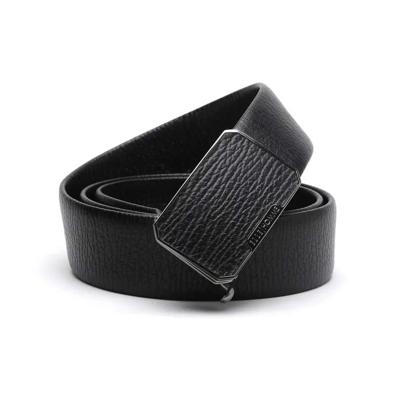 ELLE HOMME Automatic Buckle With Leather Steel Buckle Trendy Top Grain Cow Leather Belts Men's Black Width 3.7cm-4