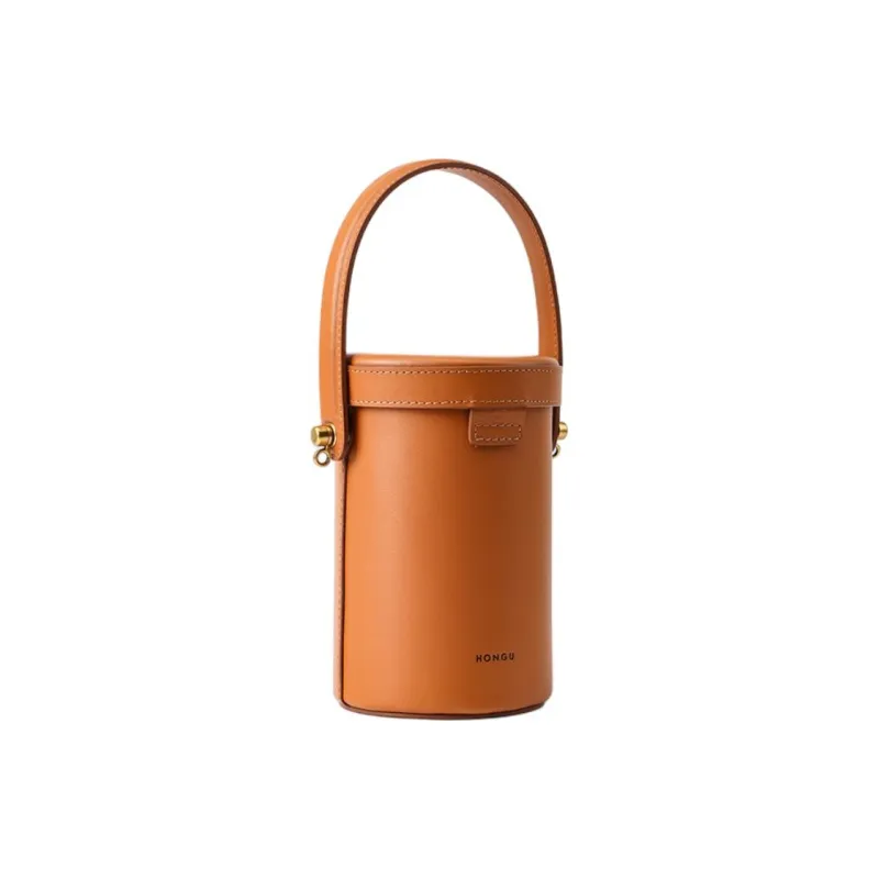 HONGU Cow Leather Cylinder Bag, Shoulder Bag, Crossbody Bag, Handbag Trumpets Women's Brown/Ecru-3