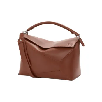 LOEWE Puzzle Shiny Calfskin Shoulder Bag Crossbody Bag Handbag Large Size Men's Brown