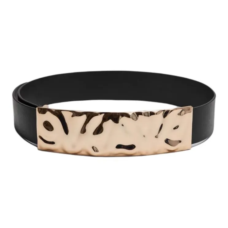 Other Stories Sculptural Gold Rectangular Smooth Buckle Cow Leather Leather Belts Women's Black Width 6CM-0