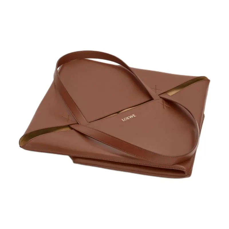 LOEWE Shiny Calfskin Tote Bag Shopping Bag Handbag Extra Large Men's Brownie Color-5