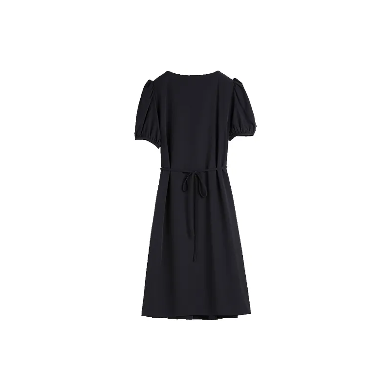 Hang Yi Court Short Sleeved Dress Women's Navy Blue-1