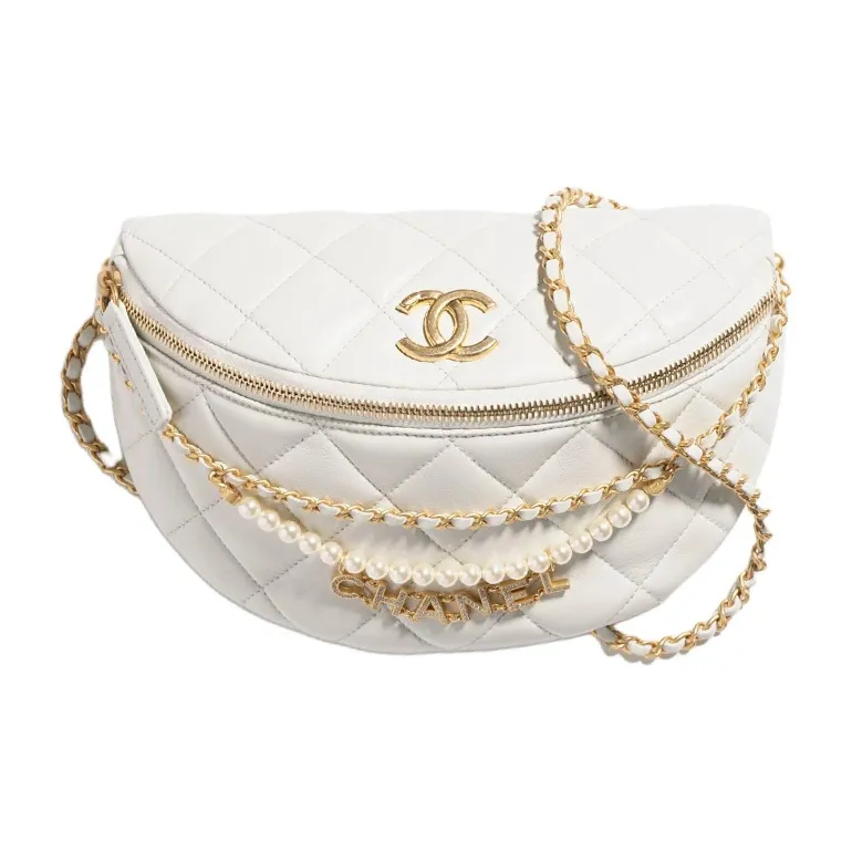 CHANEL Artificial Pearl Shiny Lambskin Fanny Pack Women's White-0