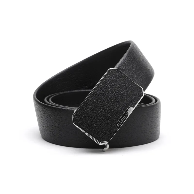 ELLE HOMME Automatic Buckle With Leather Steel Buckle Trendy Top Grain Cow Leather Belts Men's Black Width 3.7cm-0