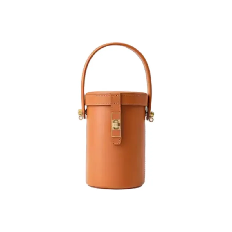 HONGU Cow Leather Cylinder Bag, Shoulder Bag, Crossbody Bag, Handbag Trumpets Women's Brown/Ecru-0