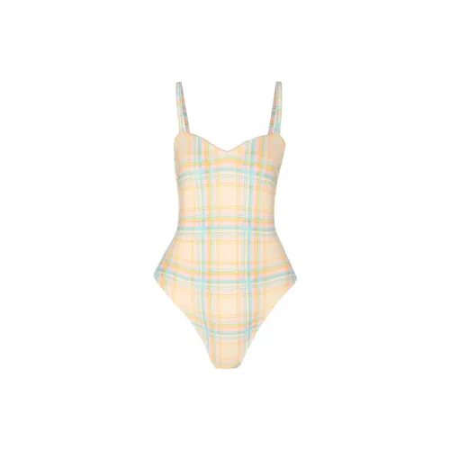 Selkie One-Piece Swimsuits Women's Banana Yellow Bottom Straight Stripe Plaid Print