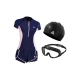 Blue Swimsuit+Black Swimming Cap+Black Swim Goggles
