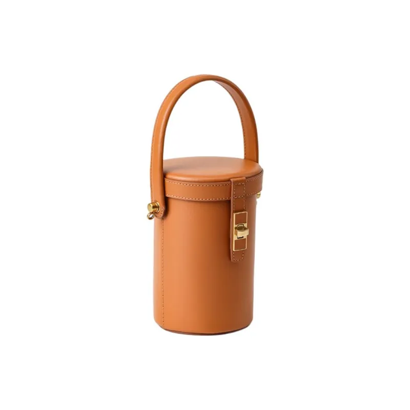HONGU Cow Leather Cylinder Bag, Shoulder Bag, Crossbody Bag, Handbag Trumpets Women's Brown/Ecru-1