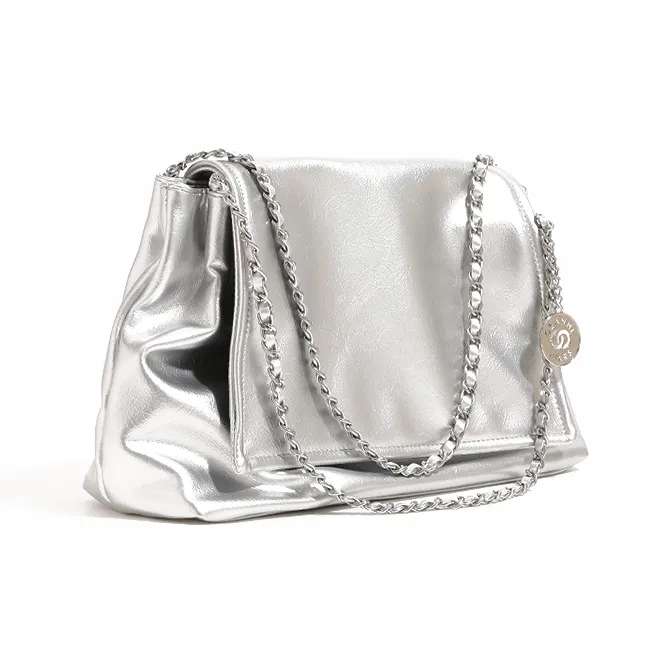 TTaG．baG Microfiber Leather Shoulder Bag Handbag Women's Silver/Ecru/Black-2