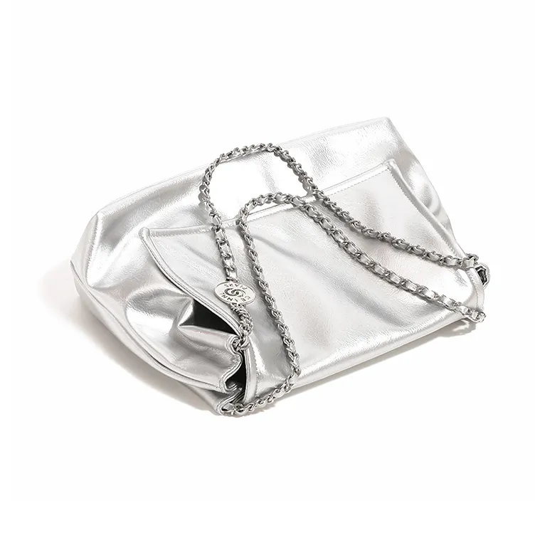 TTaG．baG Microfiber Leather Shoulder Bag Handbag Women's Silver/Ecru/Black-1