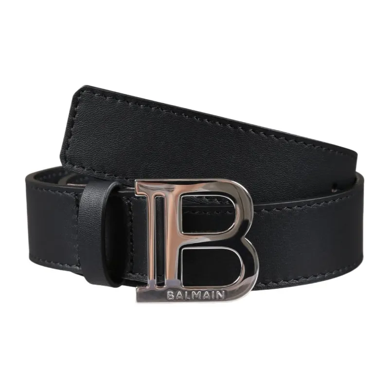 BALMAIN Logo Buckle Smooth Buckle Leather Belts Kids' Black-0