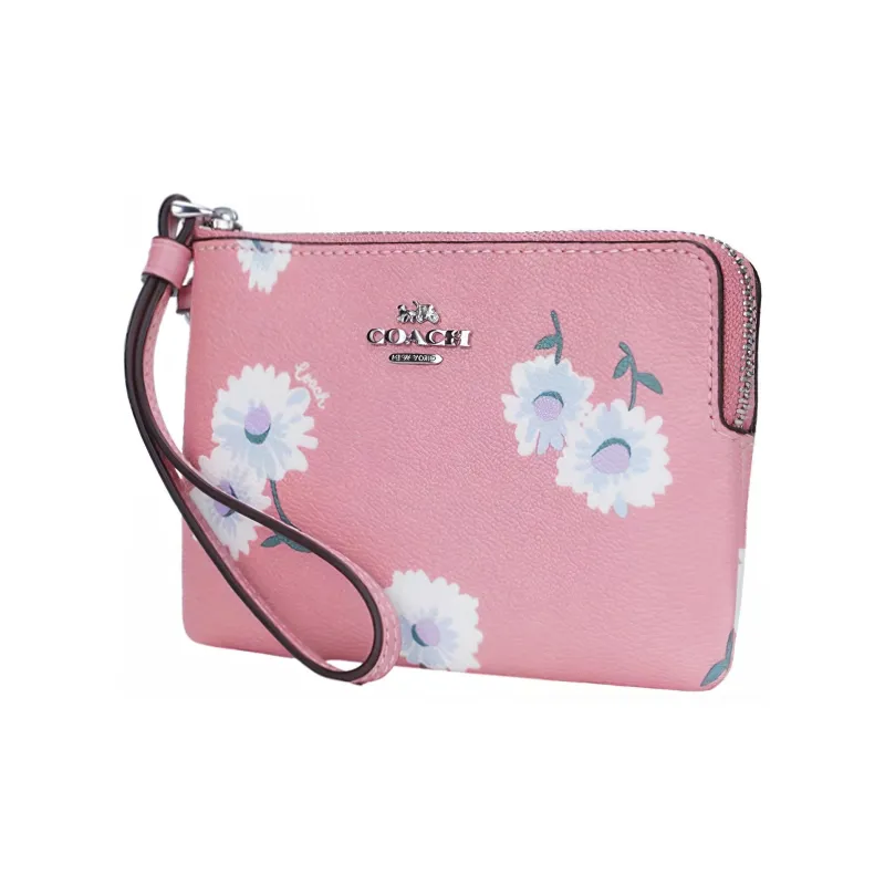 COACH Canvas With Leather Money Clip Card Holder Handheld Coin Purse Wrist Bag Small Size Women's Cherry Blossom Pink-1