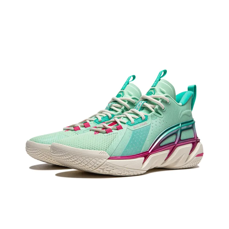 LiNing Cushioning Wear Resistant Breathable Supportive Rebound Mid Top Basketball Shoes Men's Green Purple-2