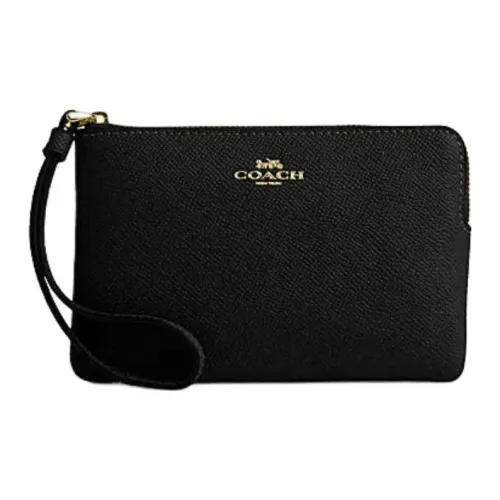 COACH Corner Zip Artificial Leather Wrist Bag Small Size Women's Black
