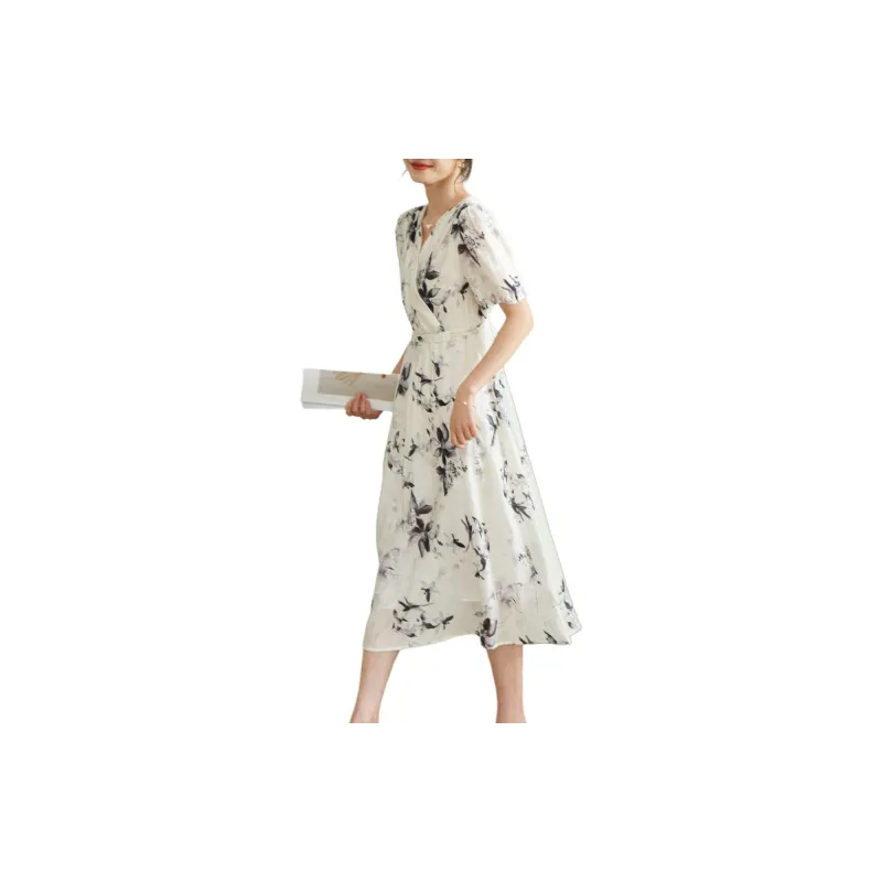Still Quiet Short Sleeved Dresses Women's White+Multicolor-1
