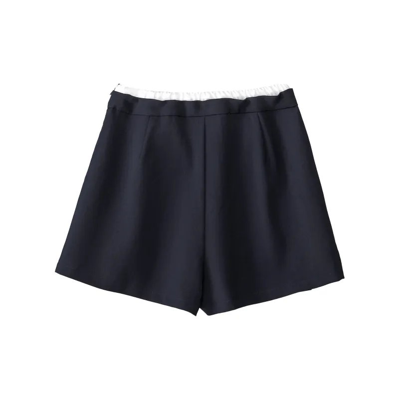 Fstudio A Line Drawstring Color Block Pleated Casual Short Skirts Women's Navy Blue-1