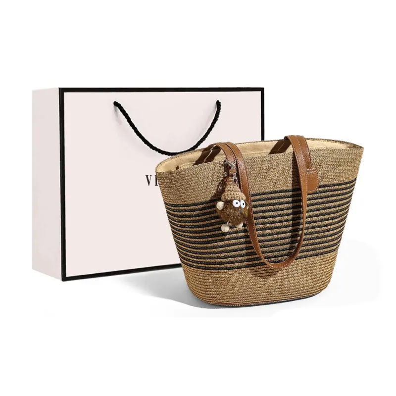 VINEY Fabric Handbag Shoulder Bag Tote Bucket Bag Large Size Women's Brown/Brown Black-4