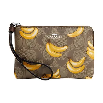 COACH Corner Zip Artificial Leather Clutch Small Size Unisex Khaki & Dark Saddle Brown
