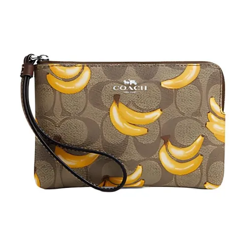 COACH Corner Zip Artificial Leather Clutch Small Size Unisex Khaki & Dark Saddle Brown