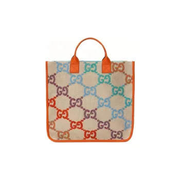 GUCCI Linen With Leather Tote Bag, Shopping Bag, Handbag, Kids' Bag Kids' Beige/Orange/Multicolor