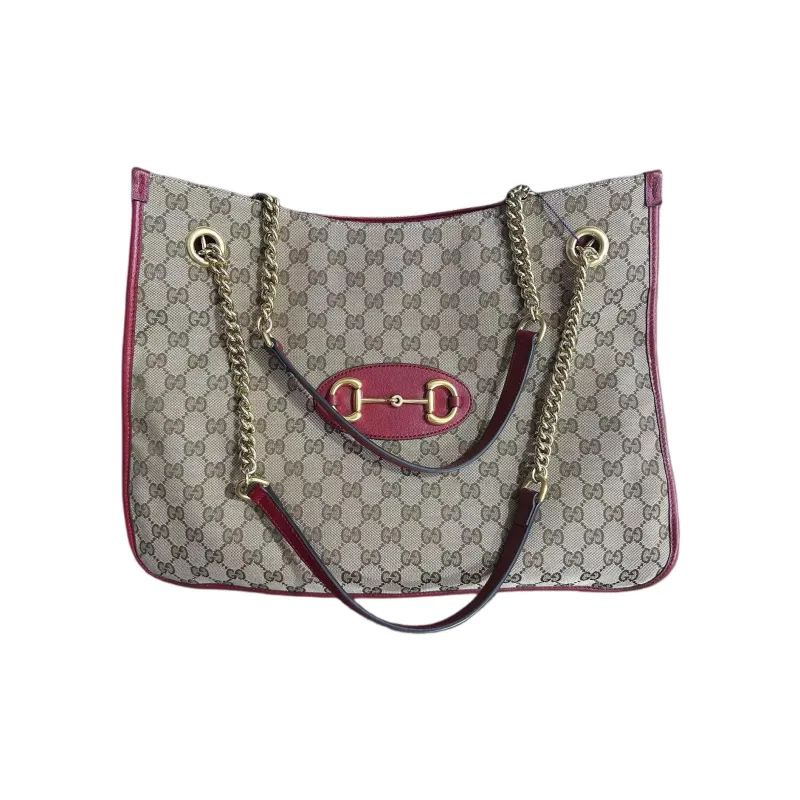 GUCCI Monogram Calfskin Tote Bag Shopping Bag Handbag Large Size Women's Ebony & Red-0