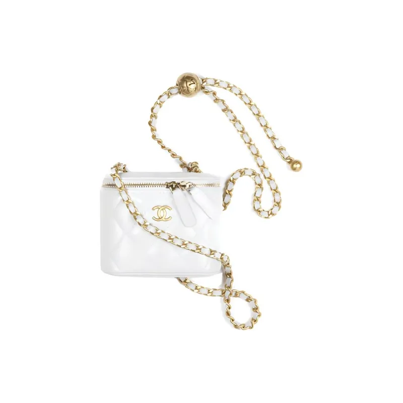 CHANEL Little Golden Ball Lambskin Mini Square Flap Bag, Box Bag, Shoulder Bag, Crossbody Bag Women's White-0