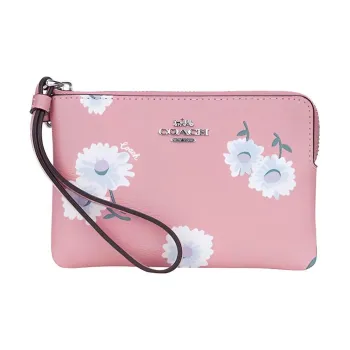 COACH Canvas With Leather Money Clip Card Holder Handheld Coin Purse Wrist Bag Small Size Women's Cherry Blossom Pink